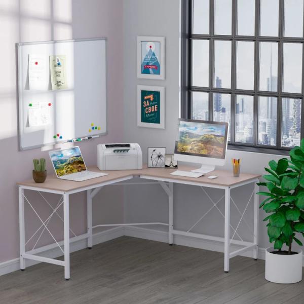 Secretária em Forma de L Secretária para Escritório com Estrutura de Metal Secretária de Canto 150x150x76 cm Branco e Madeira