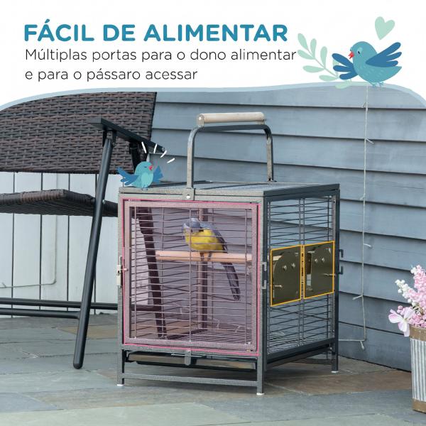 Gaiola para Pássaros Portátil com 2 Poleiros de Madeira Comedouros de Aço Inoxidável e Bandeja Amovível 48x38x47,8 cm Preto