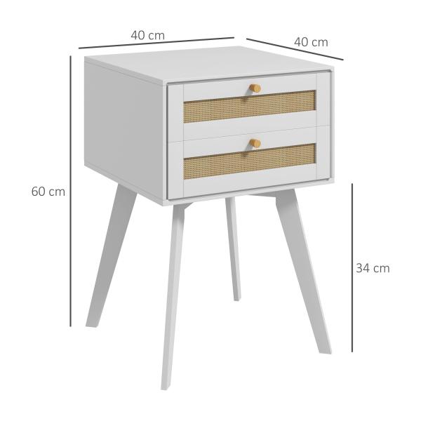 Mesa de Cabeceira Branca Estilo Boho com 2 Gavetas e Decoração de Vime para Quarto Sala de Estar 40x40x60 cm