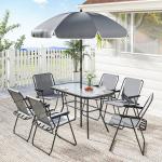 Conjunto de Mesa e Cadeiras de Jardim de 8 Peças com Chapéu de Sol 6 Cadeiras Dobráveis e Mesa de Vidro Cinza