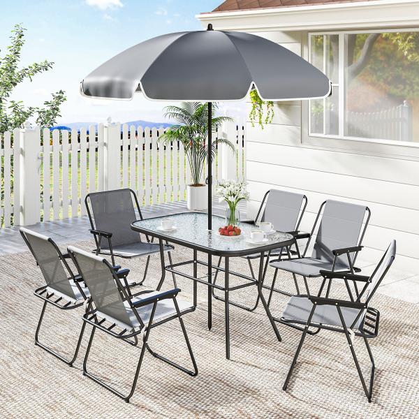 Conjunto de Mesa e Cadeiras de Jardim de 8 Peças com Chapéu de Sol 6 Cadeiras Dobráveis e Mesa de Vidro Cinza
