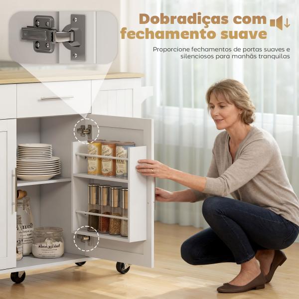 Ilha de Cozinha com Rodas Bancada Dobrável 2 Portas com Fecho Suave e Bandeja Extraível 129x65x91 cm Branco