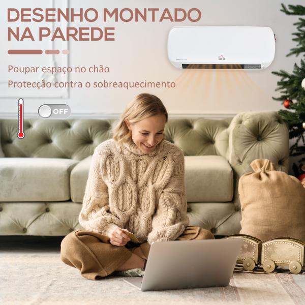 Aquecedor Cerâmico de Parede 1000W/2000W com Controle Remoto 3 Modos de Aquecimento Temporizador de 12h Termostato e Proteção contra Superaquecimento 45x18,6x11,5cm Branco