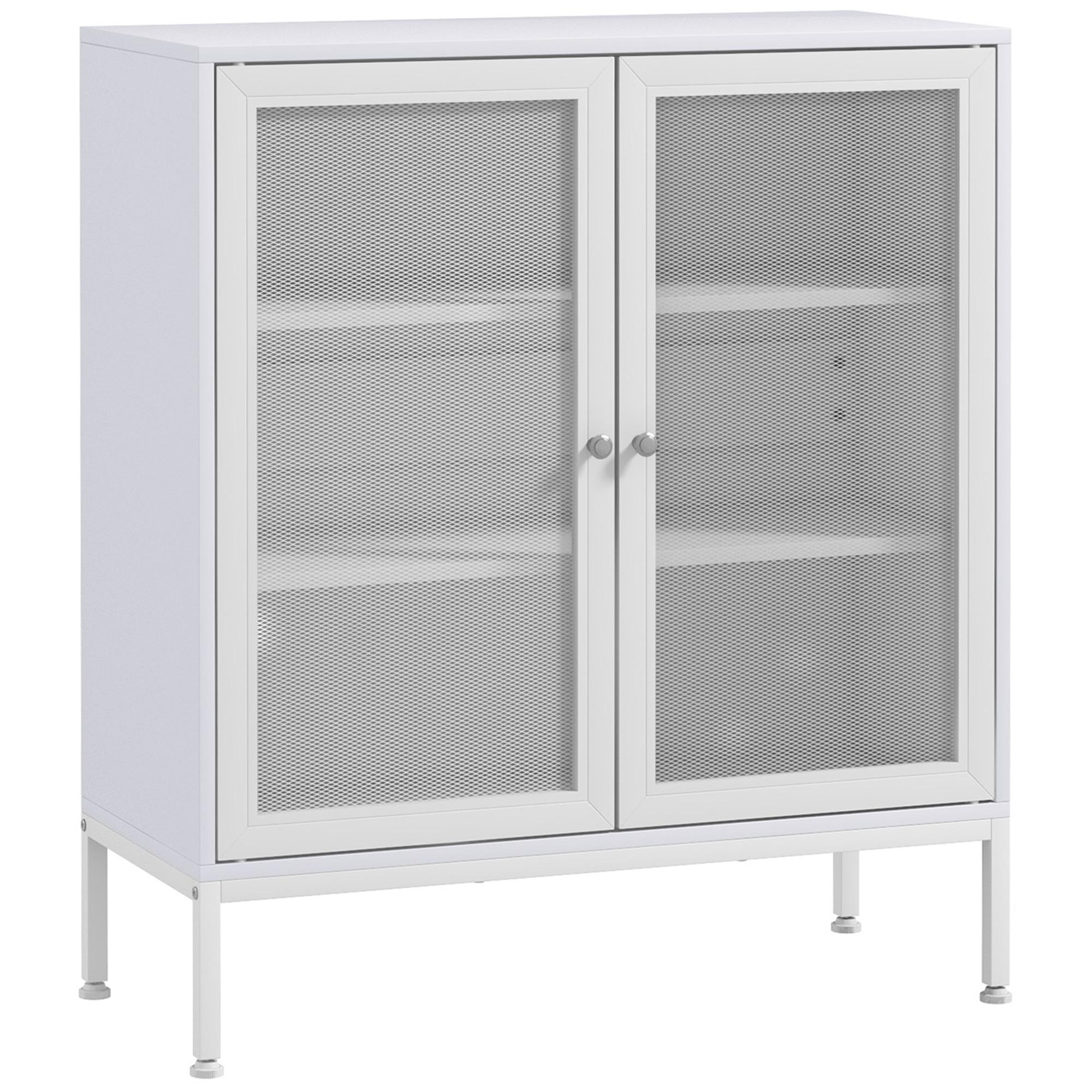 Aparador de 3 Níveis com Portas de Malha e Prateleira Ajustável Aparador de Cozinha Moderno para Sala 80x37x92 cm Branco