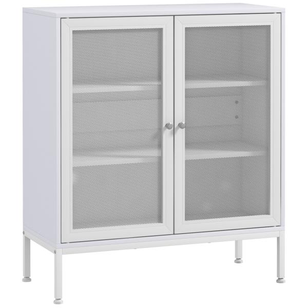 Aparador de 3 Níveis com Portas de Malha e Prateleira Ajustável Aparador de Cozinha Moderno para Sala 80x37x92 cm Branco