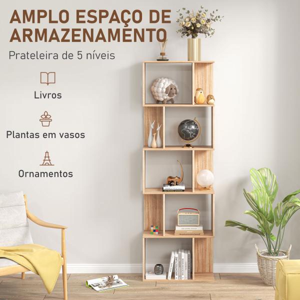 Estante para Livros Estante Alta de Parede com 5 Níveis em Forma de S Desenho Moderno 60x24x184,5 cm Madeira
