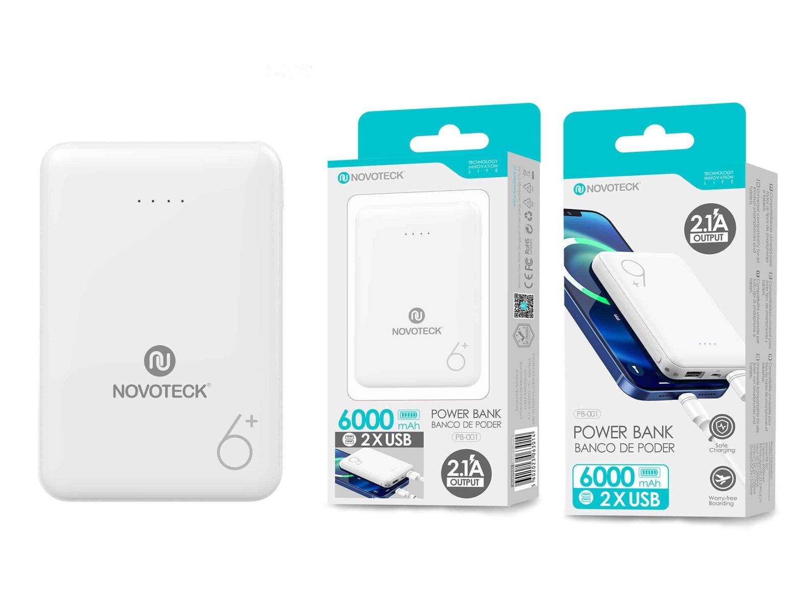 Power Bank NOVOTECK PB-001 de Alta Capacidade – 6000mAh, Duplo USB, Carregamento Rápido 2.1A