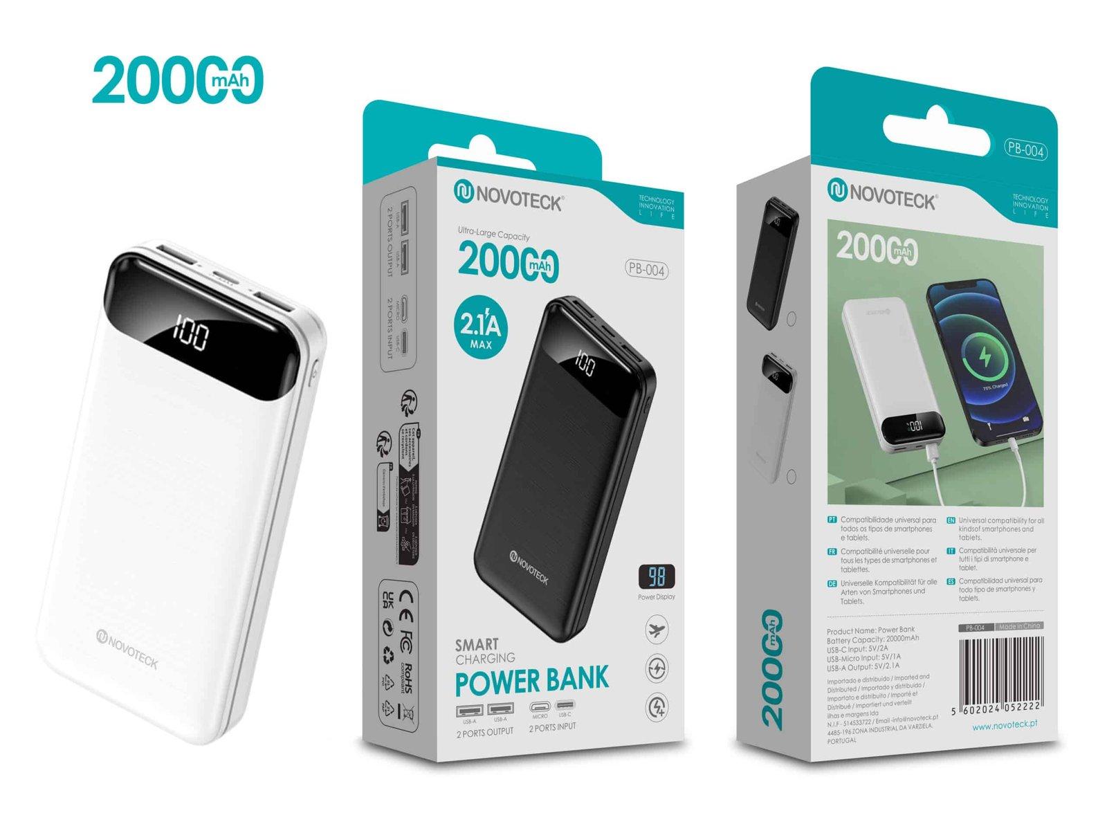 Power Bank 20000mAh PB-004 Branco com Carga Inteligente e Display Digital