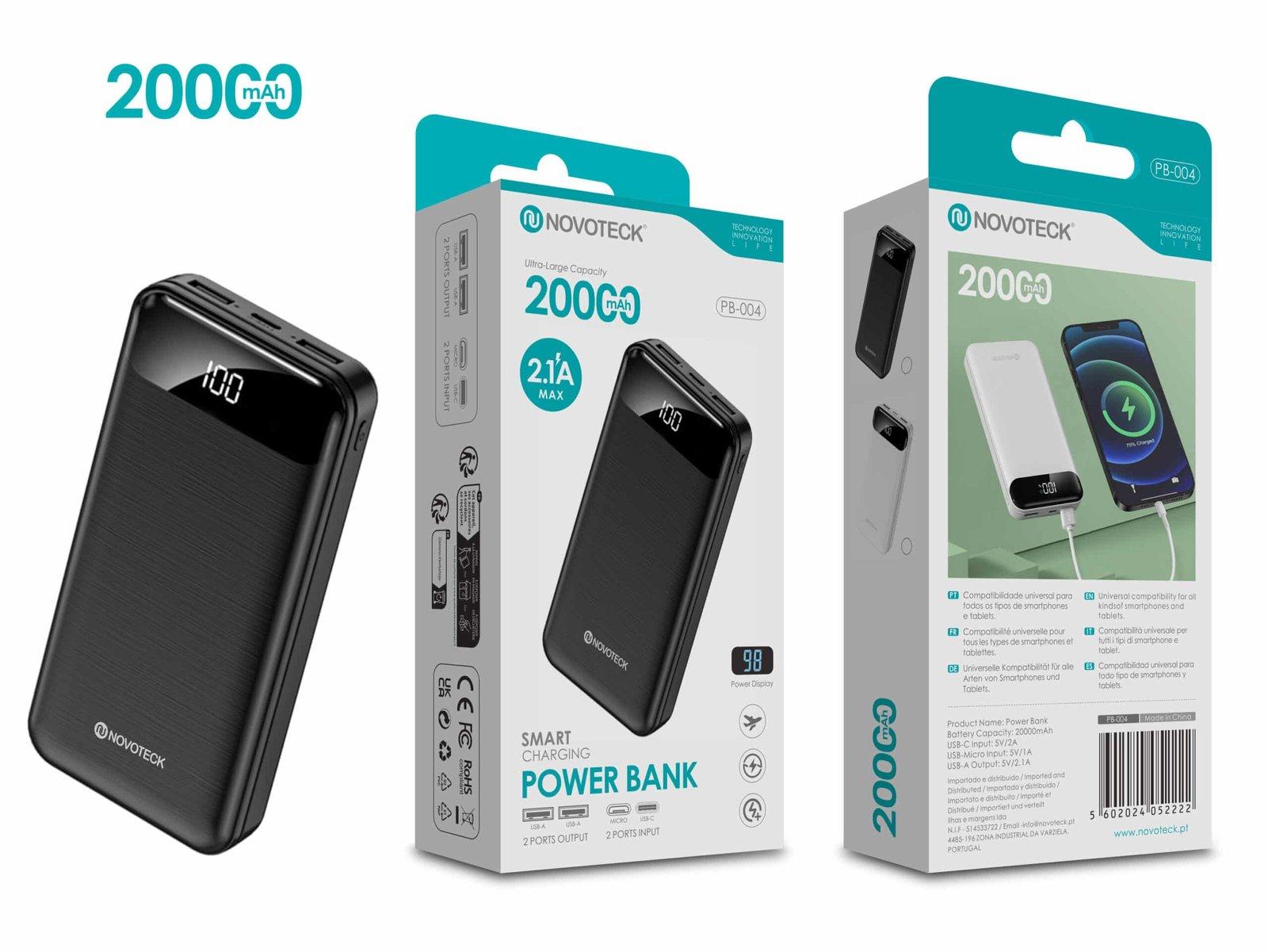 Power Bank 20000mAh PB-004 Negro com Carga Inteligente e Display Digital