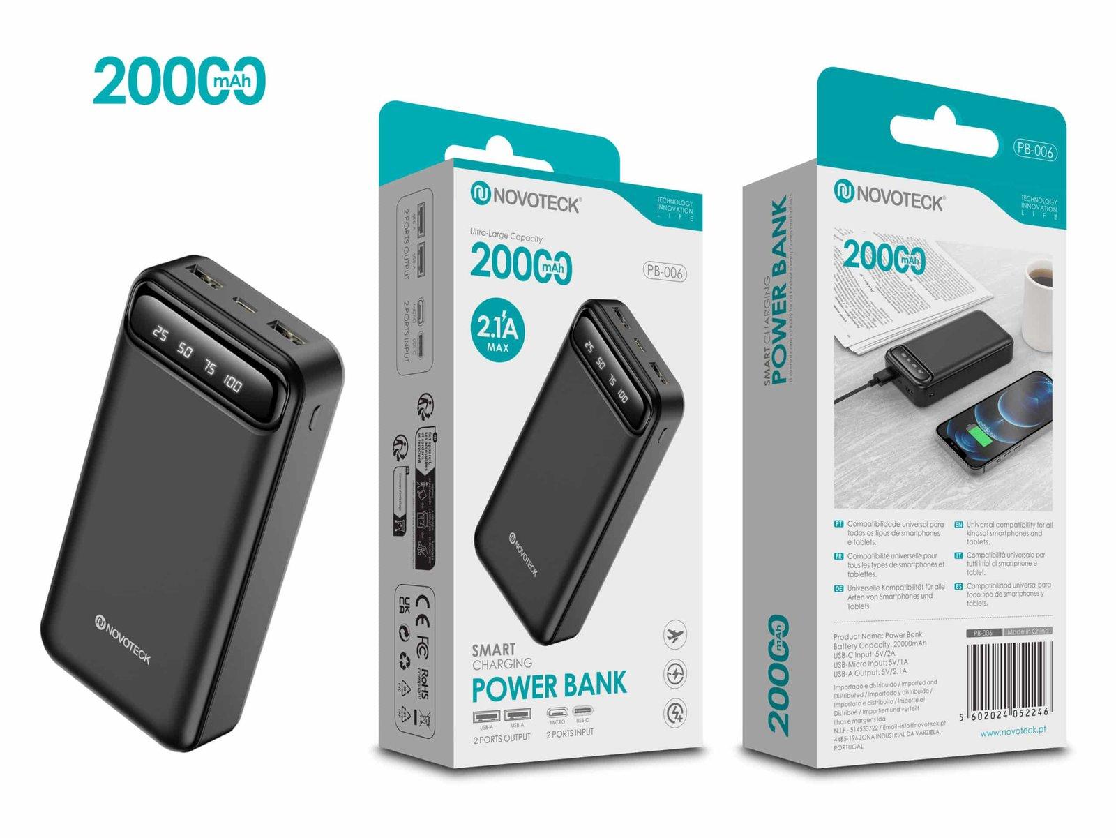 Power Bank 20000mAh PB-006 com Carga Inteligente e Display Digital