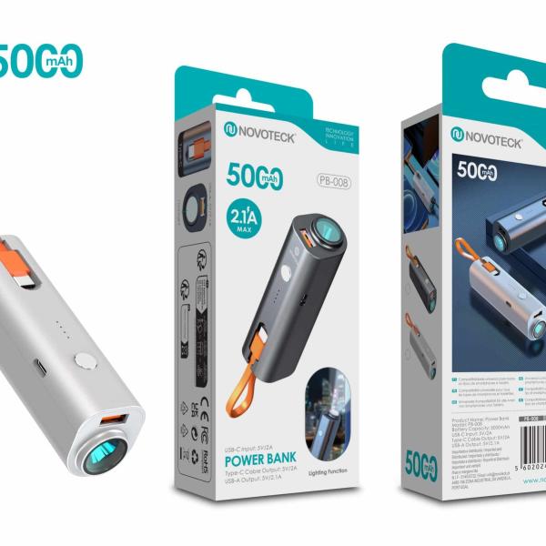 Power Bank Portátil 5000mAh PB-008 Branco com Lanterna e Cabo Integrada