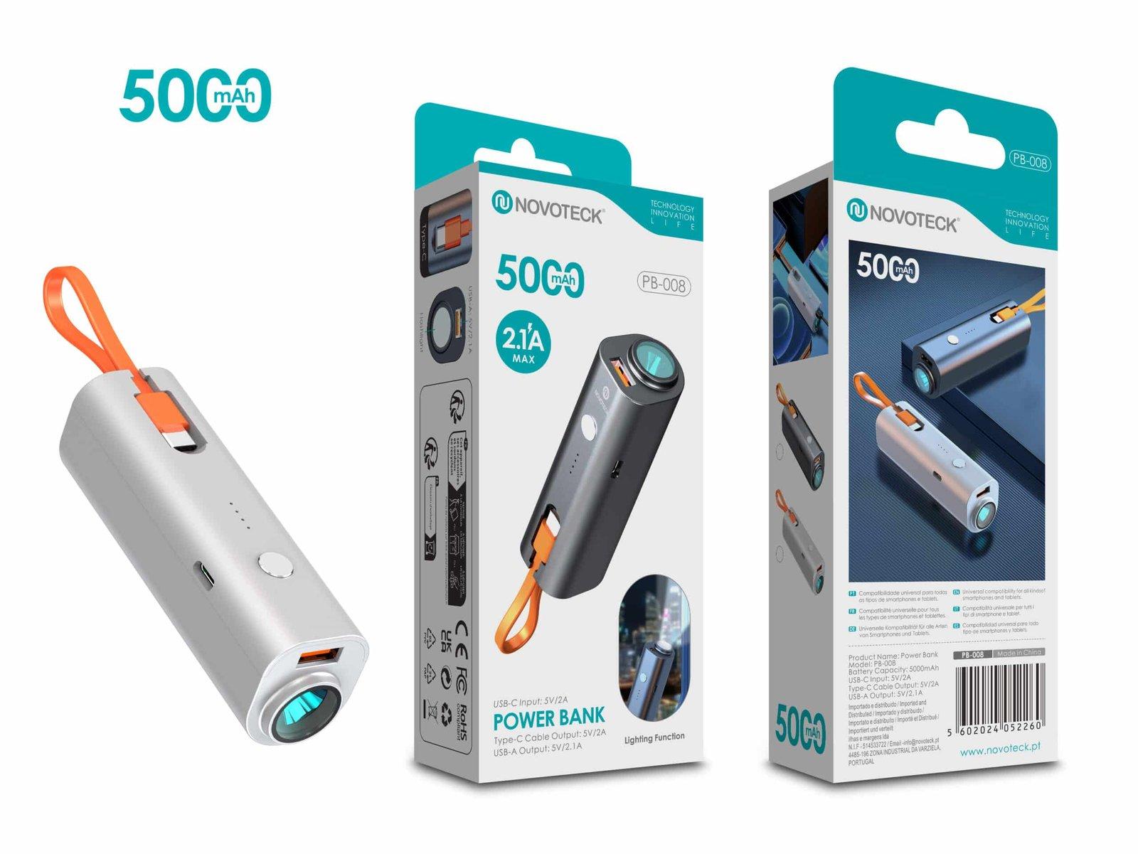 Power Bank Portátil 5000mAh PB-008 Branco com Lanterna e Cabo Integrada