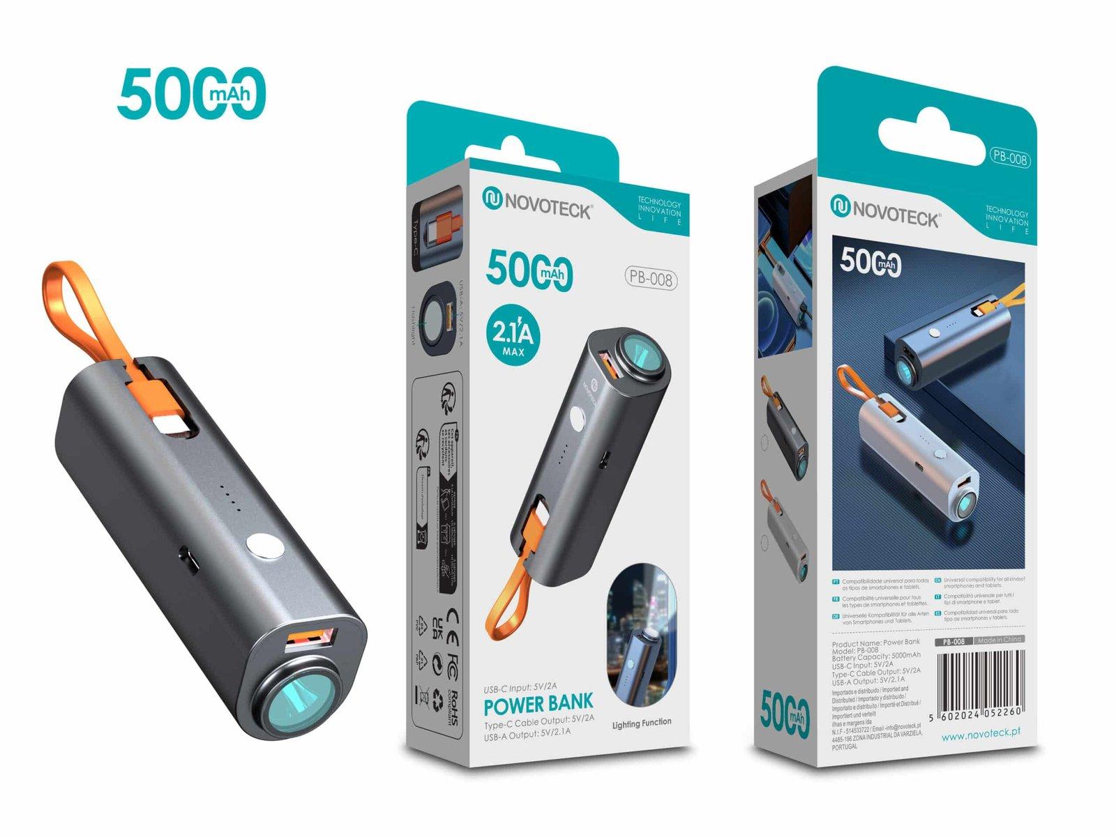 Power Bank Portátil 5000mAh PB-008 Negro com Lanterna e Cabo Integrada