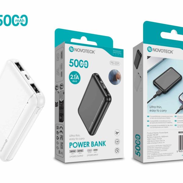 Power Bank Ultra Fino 5000mAh PB-009 Branco – Compacto e Portátil
