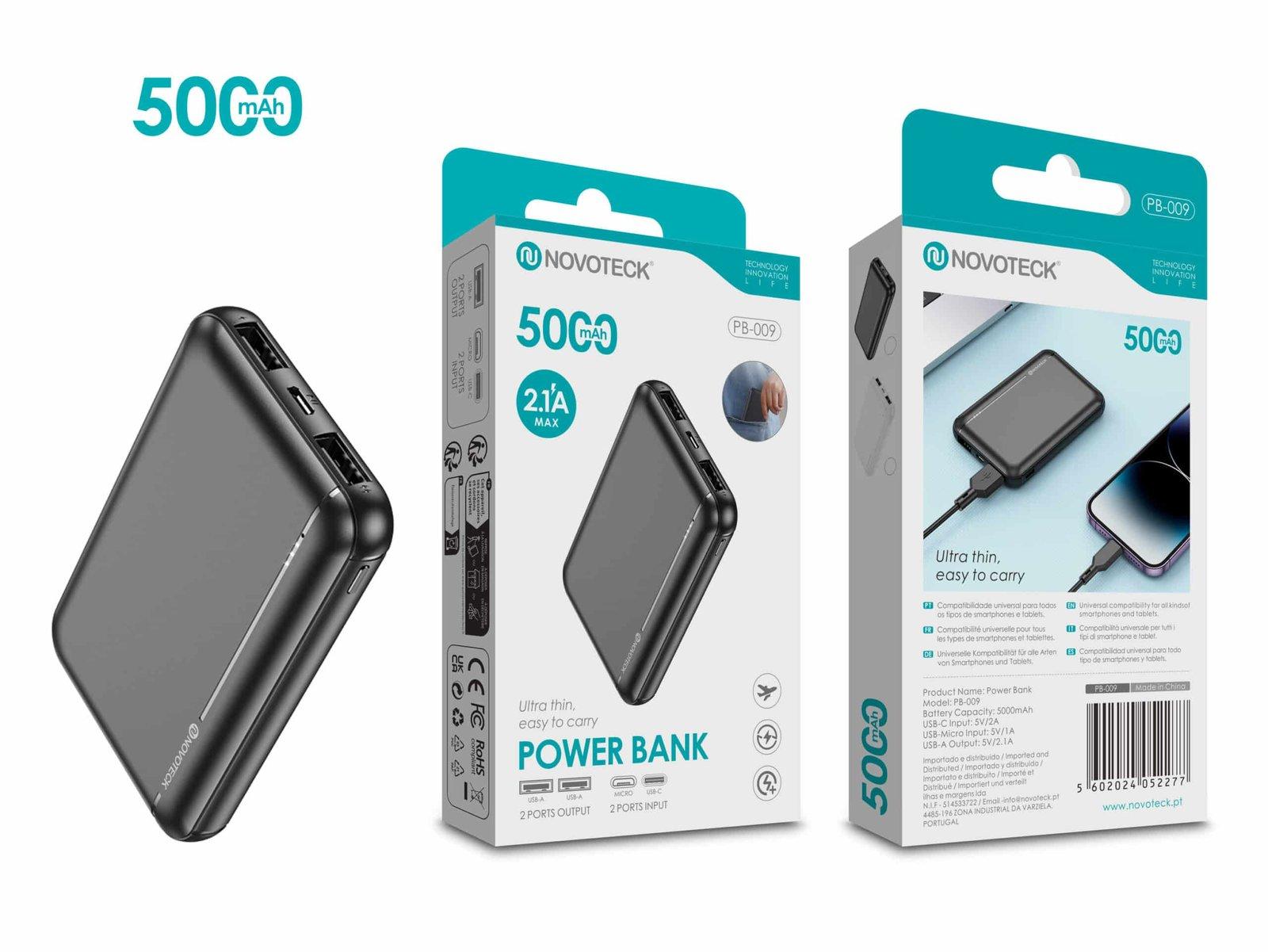 Power Bank Ultra Fino 5000mAh PB-009 Negro – Compacto e Portátil