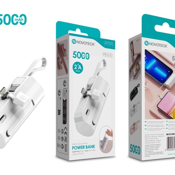 Power Bank 5000mAh PB-010 Branco – Design Compacto com Suporte e Cabo Integrado