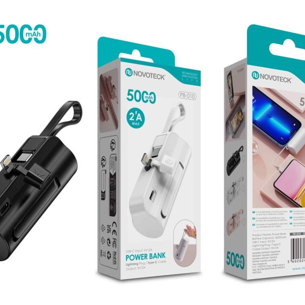 Power Bank 5000mAh PB-010 Negro – Design Compacto com Suporte e Cabo Integrado