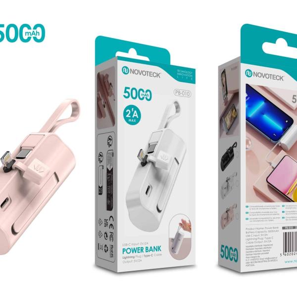 Power Bank 5000mAh PB-010 Rosa - Design Compacto com Suporte e Cabo Integrado