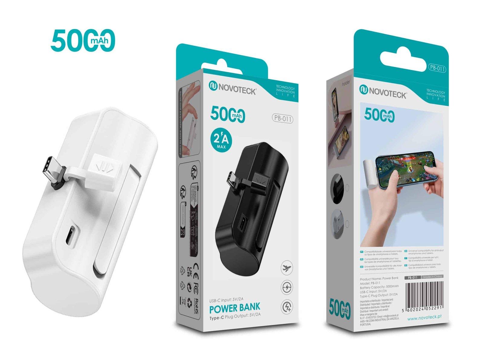 Power Bank 5000mAh PB-011 Branco – Design Compacto com Suporte para Smartphone