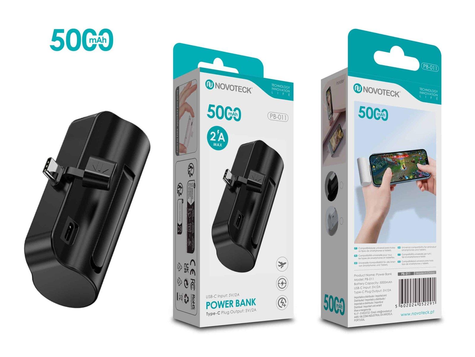 Power Bank 5000mAh PB-011 Negro – Design Compacto com Suporte para Smartphone