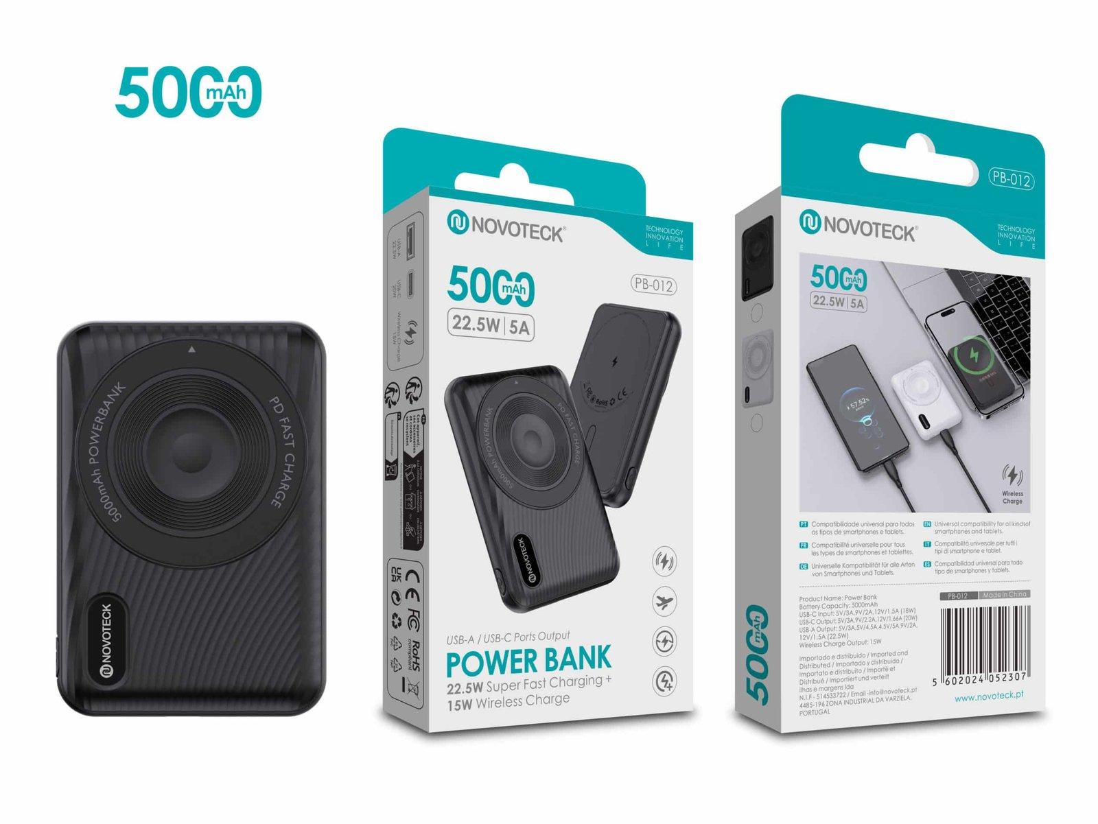 Power Bank 5000mAh PB-012 Negro – Carregamento Rápido 22.5W com Carregamento Sem Fios 15W