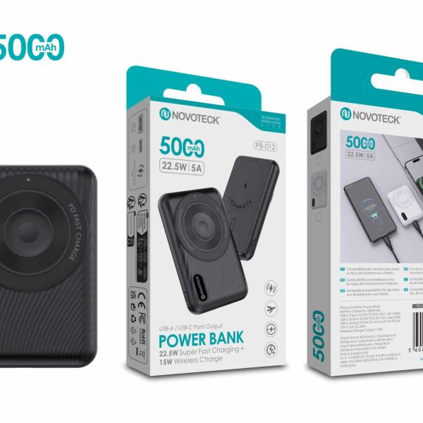 Power Bank 5000mAh PB-012 Negro - Carregamento Rápido 22.5W com Carregamento Sem Fios 15W