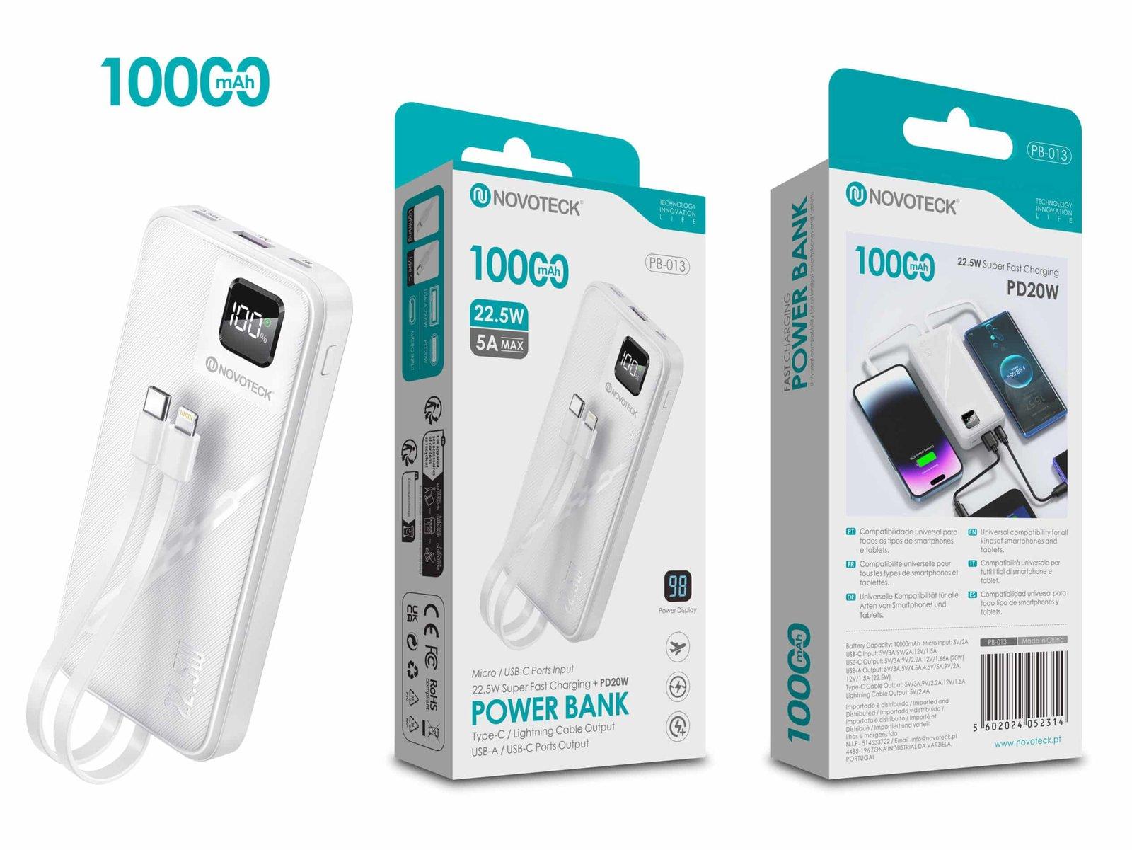 Power Bank 10000mAh PB-013 - Carregamento Rápido 22.5W PD20W com Cabo Integrado