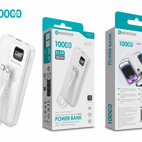 Power Bank 10000mAh PB-013 – Carregamento Rápido 22.5W PD20W com Cabo Integrado