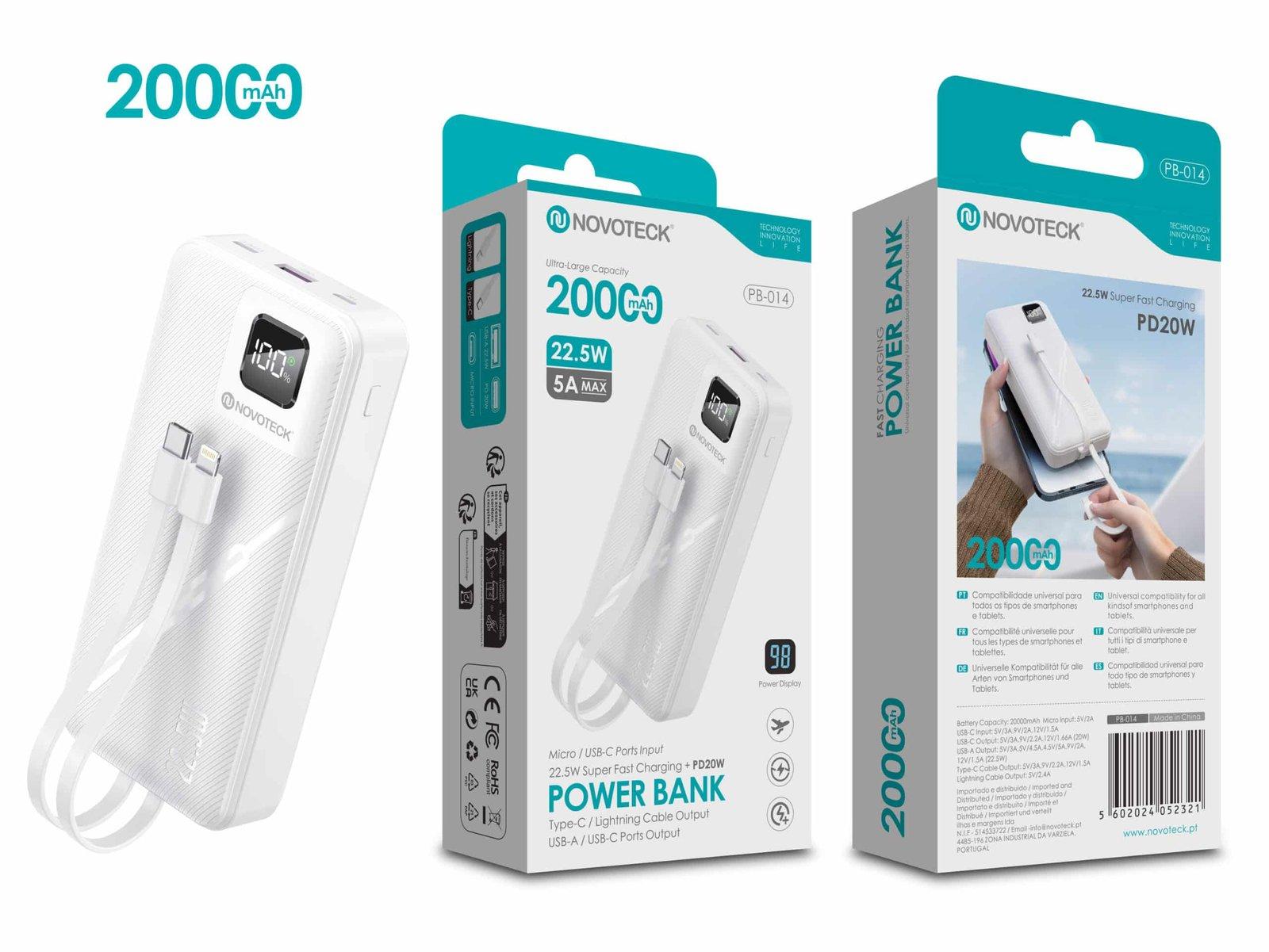 Power Bank 20000mAh PB-014 – Carregamento Rápido 22.5W PD20W com Cabo Integrado