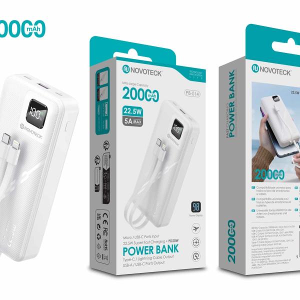Power Bank 20000mAh PB-014 - Carregamento Rápido 22.5W PD20W com Cabo Integrado