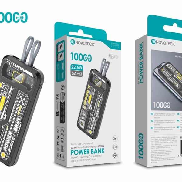 Power Bank 10000mAh PB-015 com Carregamento Super Rápido de 22.5W e Design Tecnológico