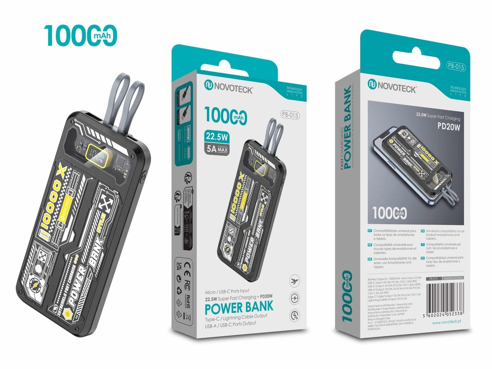 Power Bank 10000mAh PB-015 com Carregamento Super Rápido de 22.5W e Design Tecnológico