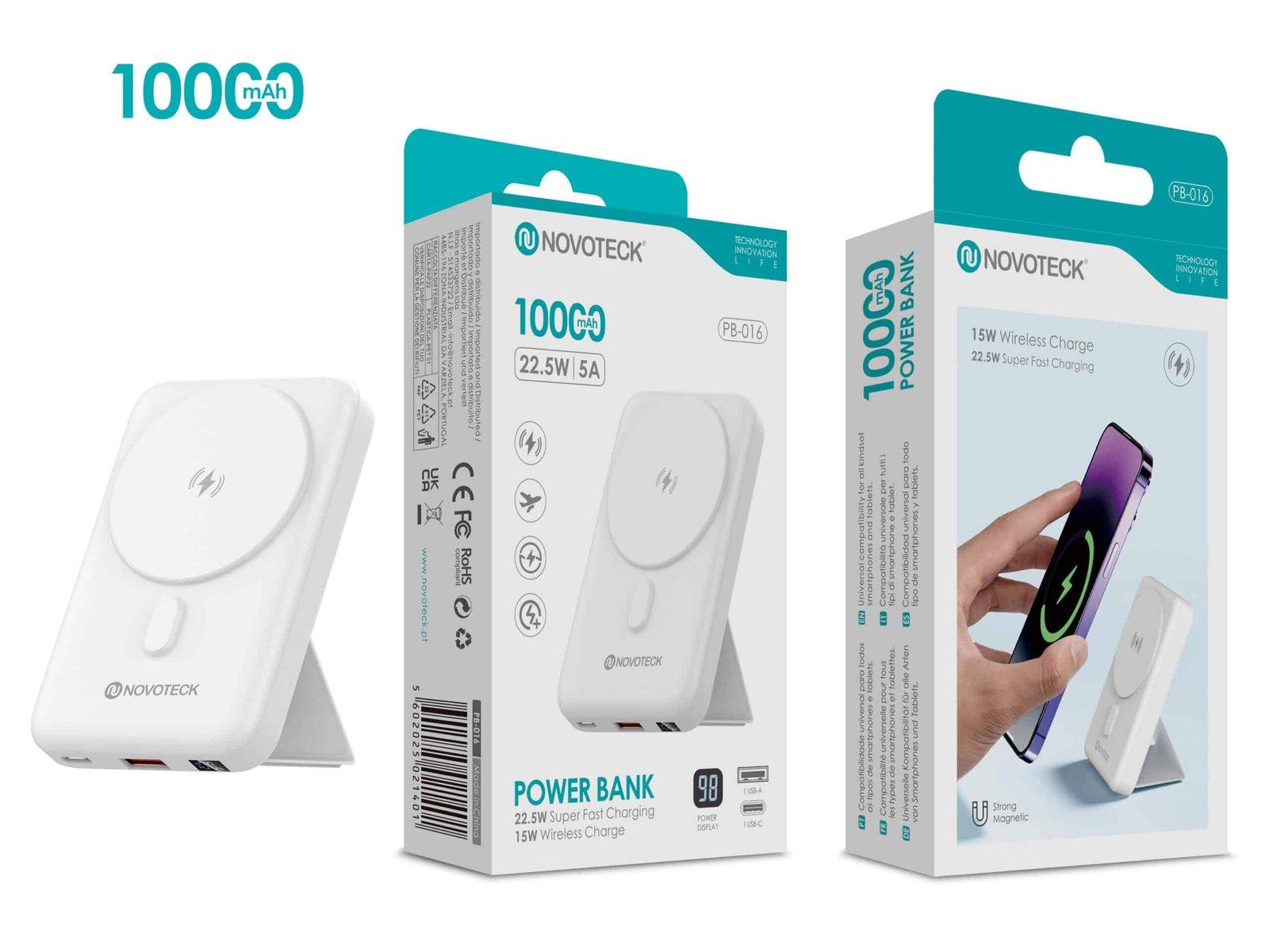 Power Bank NOVOTECK PB-016 10000mAh com Carregamento Rápido 22,5W e Carregamento Sem Fios 15W – Base de Apoio Integrada e Íman Magnético