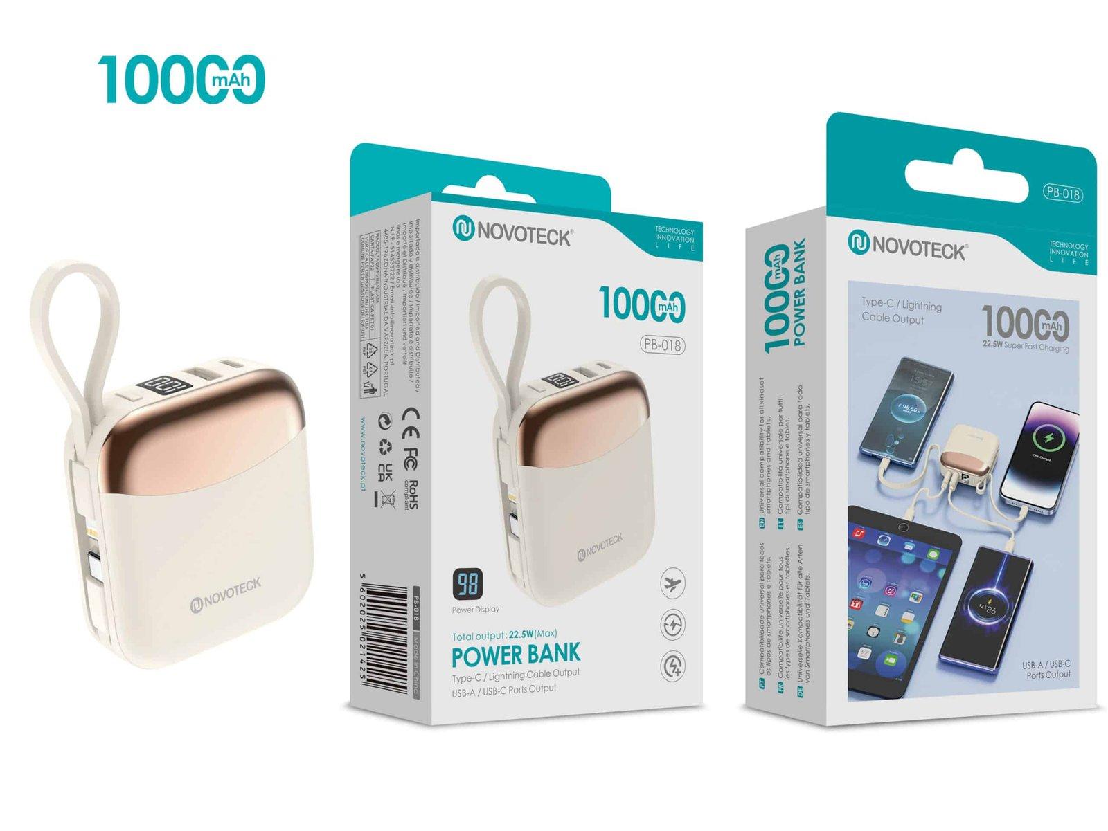 Power Bank NOVOTECK PB-018 10000mAh com Carregamento Rápido 22,5W – Saídas USB-A/USB-C + Cabos Integrados Type-C e Lightning