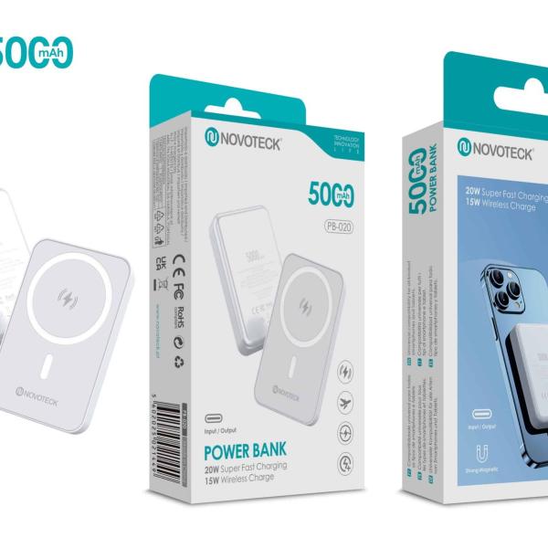Power Bank Magnético NOVOTECK PB-020 5000mAh – Carregamento Rápido 20W e Wireless 15W, Compatível com MagSafe
