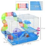 Gaiola para Hamster, Casa para Hamster com Túnel, Comedouro, Bebedouro, Casinha, Rampa, Roda de Exercício, Plataforma e Alça, Bandeja Removível, para Ratos e Gerbos, 46x30x37 cm, Azul
