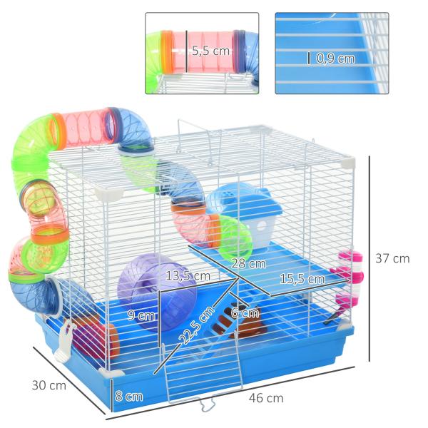 Gaiola para Hamster, Casa para Hamster com Túnel, Comedouro, Bebedouro, Casinha, Rampa, Roda de Exercício, Plataforma e Alça, Bandeja Removível, para Ratos e Gerbos, 46x30x37 cm, Azul
