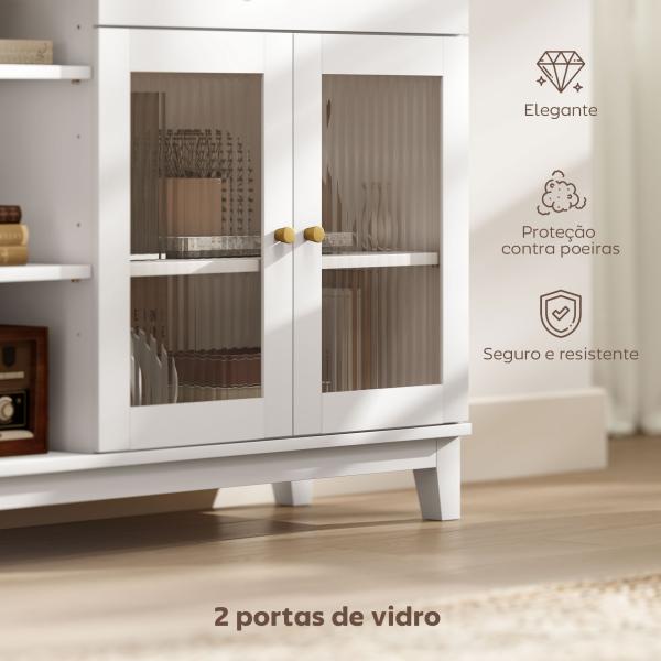 Aparador 2 Portas de Vidro Aparador para Sala Moderno com Gaveta Compartimentos Abertos 100x35x80,3 cm Branco