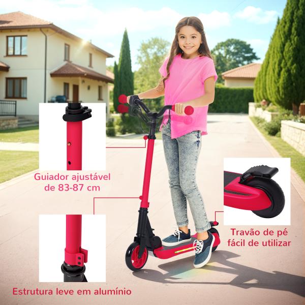 Trotinete Elétrica Dobrável para Crianças 120 W Autonomia 6 km e Máximo 10 km/h com Travão Luzes LED 74x52x83 - 87 cm Vermelho