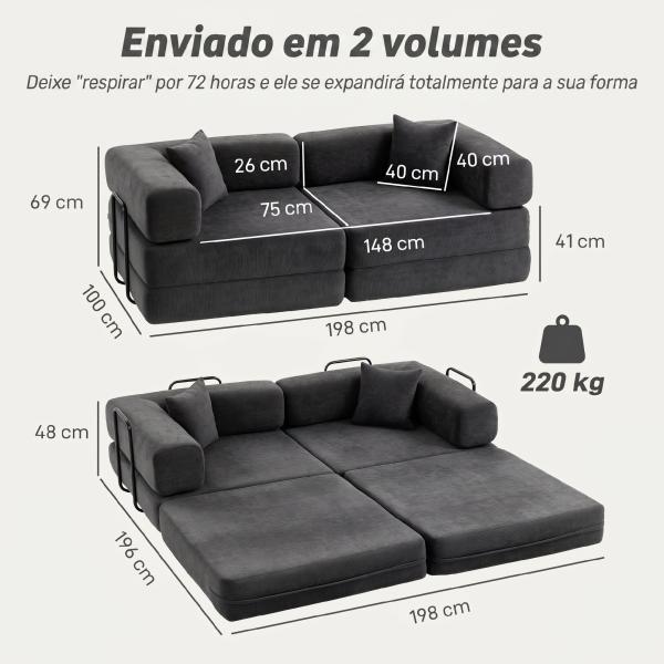 Sofá Cama de 2 Lugares Dobrável Estofado em Chenilla com 2 Almofadas Braços Largos Acolchoamento Grosso Cinza Escuro