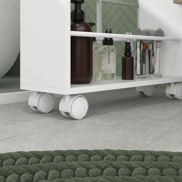 Estante de Casa de Banho com Rodas Carrinho Auxiliar de 3 Níveis com Barras Laterais e Alças 45x15x80 cm Branco