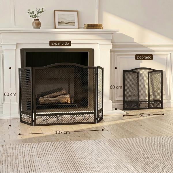 Resguardo Anti - Faíscas para Lareira Dobrável de 3 Painéis em Metal com Design Floral para Casa 107x60 cm Preto