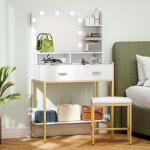 Toucador de Maquilhagem com Luz e Banco Mesa de Maquilhagem com 2 Gavetas e Prateleiras Estilo Moderno para Quarto Branco