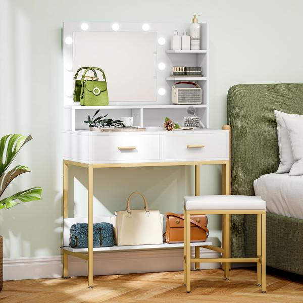 Toucador de Maquilhagem com Luz e Banco Mesa de Maquilhagem com 2 Gavetas e Prateleiras Estilo Moderno para Quarto Branco