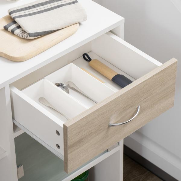 Carrinho de Cozinha com 1 Gaveta Porta de Vidro e Prateleiras Abertas Carrinho Auxiliar com Rodas 65x39x80cm Madeira