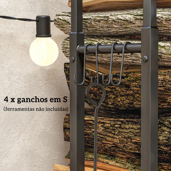 Suporte para Lenha Extensível com 4 Ganchos Carga Máxima 100 kg para Interior e Exterior 40 - 65x25x100 - 150 cm Preto