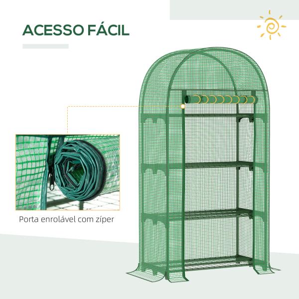 Estufa de Jardim com 4 Prateleiras Metálicas Porta Enrolável e Cobertura de PE Estufa de Varanda para Cultivo de Plantas Flores 80x49x160cm Verde