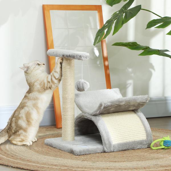 Árvore Arranhador para Gatos Pequena com Poste Giratório Bolas Suspensas Plataforma Curva e Esconderijo 40x30x43 cm Cinza