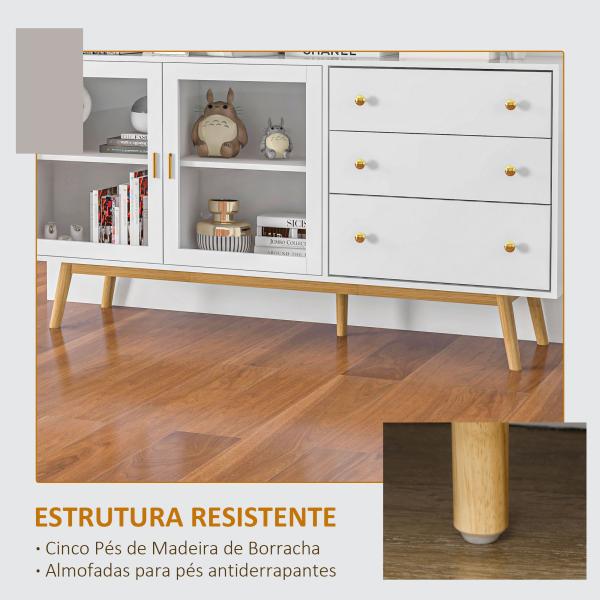 Aparador de Sala de Estar com 2 Portas de Vidro 3 Gavetas e Pés de Madeira de Borracha 160x40x80 cm Branco e Madeira
