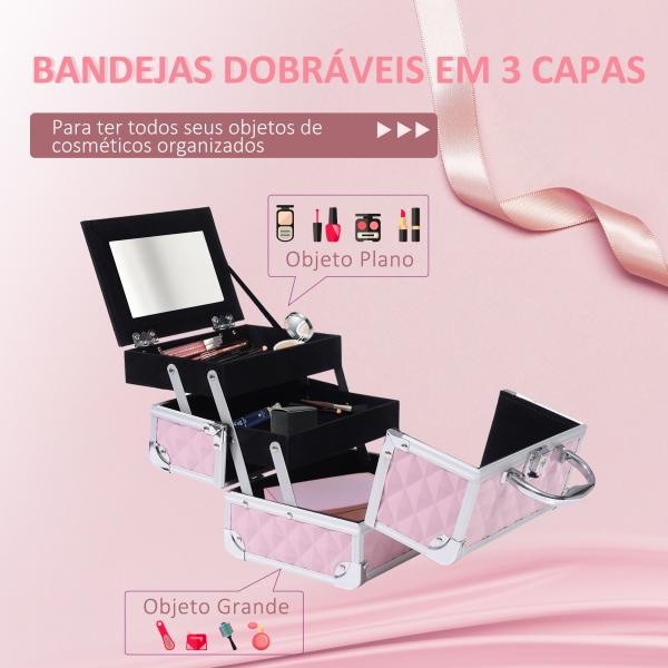 Estojo de Maquilhagem Organizador Cosméticos Profissional 20x15x15cm rosa